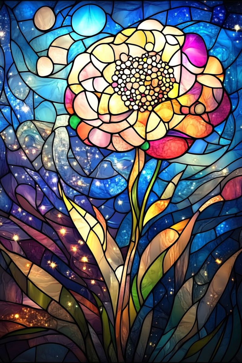 Stained glass mosaic painting craft decoration window colorful intricate detailed flowers unique design creative beautiful nature inspired flor stained glass window featuring a vibrant flower in full bloom. The flower, which is the central element of the artwork, displays a variety of colors with multiple layers revealing different hues, adding depth to the design. Surrounding the main flower are smaller elements that appear to be plant life or abstract shapes, contributing to the overall floral theme. The background of the window suggests a night sky, with small circles and dots possibly representing stars, which gives a sense of a nocturnal setting. The colors used for this part of the image are predominantly dark blues and black, contrasting with the brightness of the flower. The stained glass technique is evident in the way light refracts through the glass panels, creating areas of brightness that suggest different perspectives or angles from which to view the window. The design is symmetrical, with a mirror-like effect where the left side mirrors the right, maintaining the balance and harmony of the artwork. The style of the image is realistic with an emphasis on color and light, typical of stained glass artistry. There are no visible texts within the image to provide additional context or narrative.