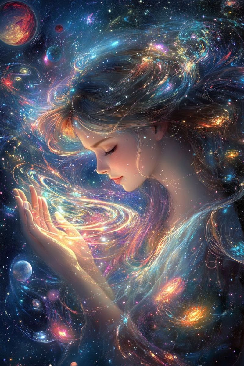 Woman galaxy space universe star planet cosmos astronomy nebula celestial starry cosmic outer night A woman with long flowing hair is depicted in a cosmic setting. Her hair is intertwined with vibrant, swirling colors of blue, purple, and yellow, resembling the ethereal strands of a nebula. She gazes upward with her eyes closed, her hands gently cupped as if she is holding a glowing orb of light. The background is a rich tapestry of stars, planets, and galaxies, with swirling patterns that suggest the vastness and mystery of space. The colors are vivid and varied, with hints of red, orange, and green, creating a sense of depth and movement. The overall atmosphere is one of wonder and tranquility, as if the woman is in a state of deep meditation or connection with the universe.