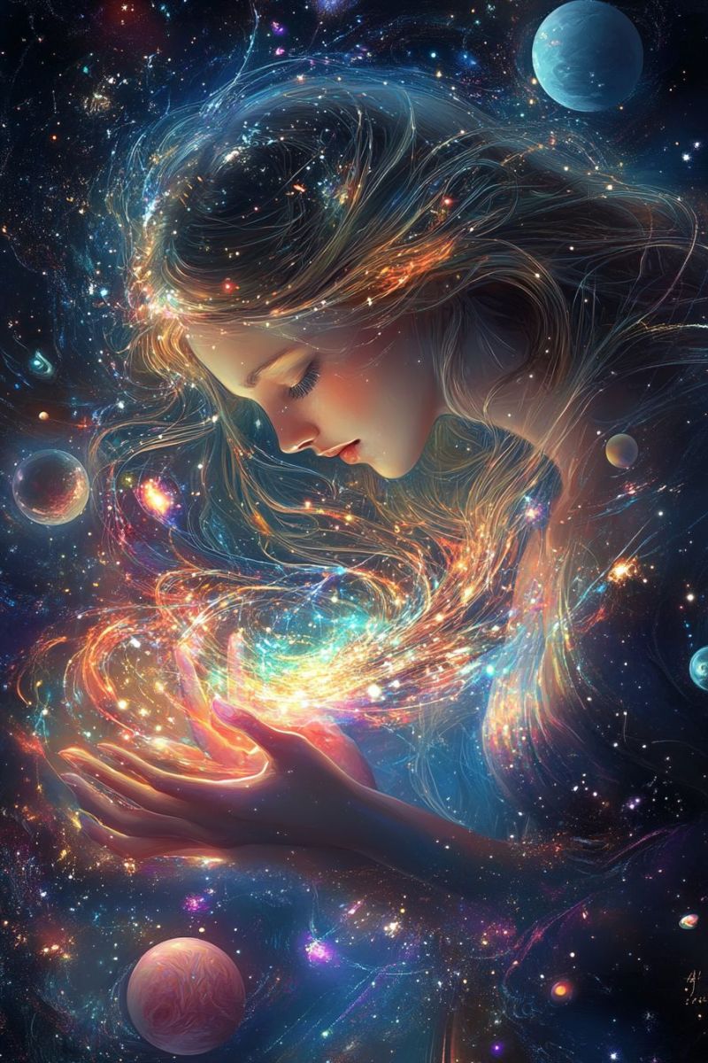 Femme espace galaxie univers etoile planete cosmos fantaisie imagination reve beaute inspiration inspirant espoir mystere merveille Une femme aux longs cheveux flottants est en apesanteur dans l'espace, les yeux fermés, et ses mains tenant doucement une sphère lumineuse. La sphère émet un mélange vibrant de couleurs, dont le bleu, le vert et l'orange, avec quelques étoiles visibles autour d'elle. Ses cheveux semblent faits de lumière, se fondant parfaitement avec le fond cosmique. Diverses planètes et étoiles sont dispersées dans l'espace, ajoutant à l'atmosphère éthérée. La scène globale est remplie d'un sentiment de tranquillité et d'émerveillement.