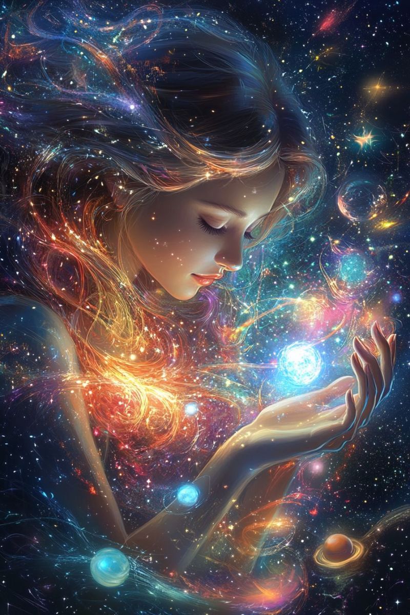 Woman space galaxy universe star cosmos fantasy imagination colorful dream magic aura A young woman with long, flowing hair is depicted in a cosmic setting. Her hair is a mix of vibrant colors, including shades of blue, orange, and yellow, and it seems to be floating in space. She is gazing downward, holding a glowing orb in her hands. The orb is surrounded by a swirling array of colors, including blues, purples, and yellows. The background is filled with stars, planets, and other celestial bodies, creating a dreamy and ethereal atmosphere. The woman's face is illuminated by the light from the orb, and her eyes are closed, as if she is lost in thought or deep in meditation.