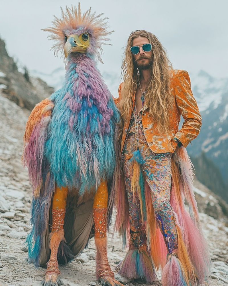 Ouverture coloree vif costume plumes paon mode bizarre thematises oiseaux rue creatif unique artiste performance declaration Il y a deux individus. Le personnage de gauche porte un costume coloré avec des plumes longues dans des teintes de pourpre et bleu, ressemblant à un papillon ou un oiseau similaire. Ils ont également des cheveux multicolores et du peignage de visage. Le personnage de droite est vêtu d'un costume plus traditionnel composé d'une veste orange brillante sur une chemise blanche, accompagnée de pantalons ornés. Ses cheveux semblent être stylés naturellement sans coloration artificielle. Les deux individus se tiennent devant la photographie et il y a un fond qui comprend certaines scènes naturelles. Le sol est recouvert de neige, ce qui suggère une environnement froid. Il n'y a aucune inscription visible ni marques distinctives dans l'image.