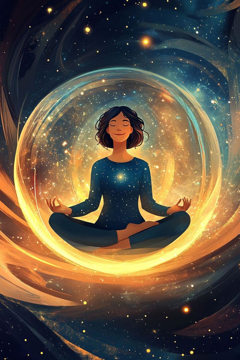 Spiritual meditation yoga poster cosmic energy female mindfulness astral imagery astrology space drawing zen artistic illustration of a person in a meditative pose. The individual appears to be sitting cross-legged with eyes closed, suggesting they are meditating or practicing mindfulness. They have dark hair, and their body is centered within the artwork, giving a sense of balance and inner peace. The background features an intricate, swirling pattern that resembles cosmic energy or the movement of a galaxy, enhancing the serene atmosphere. The colors are predominantly in shades of blue, orange, and brown, which together create a vibrant yet calming backdrop for the meditator. The artwork is richly detailed, with hints of stars or celestial bodies scattered throughout the design. There are no visible texts or logos within the image. The style of the illustration is modern and graphic, possibly intended to convey a sense of spirituality, self-care, or relaxation through visual means alone.