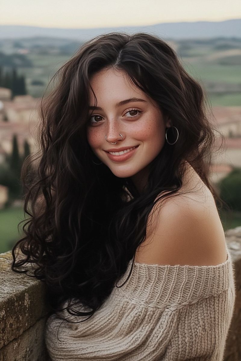 Woman casual attire hair sunglasse rural countryside setting smiling expression natural daytime outdoor In the image, there is a person with long dark hair. The person is posing with one hand gently placed on their hip while the other rests against a stone wall or fence. They are wearing a sweater and have a relaxed, yet poised demeanor. The background features a scenic view of a landscape, likely in a rural or semi-rural area due to the presence of what appears to be an Italian-style village or town with terracotta roofs nestled among hills. The sky is clear and there are hints of a mountain range in the distance under a light blue sky, suggesting it might be late afternoon or early evening. The person's facial expression is neutral with a slight smile, and they seem to be enjoying the outdoors.