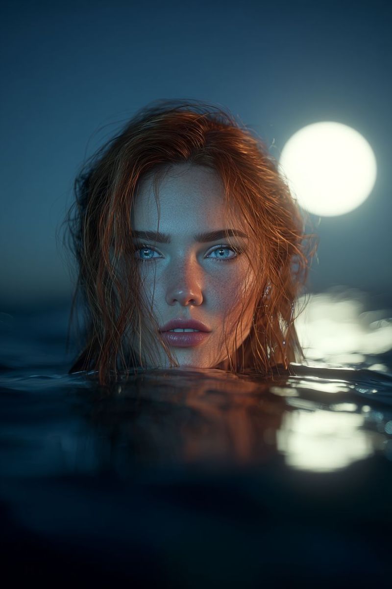 Woman water eyes lips moon night reflection wet A woman with red hair is swimming in the water, her face illuminated by the moonlight. She has a serene expression, with her eyes closed and her lips slightly parted. The water around her is dark, and the moonlight casts a soft glow on her face and hair. The background is a deep blue, with the moon shining brightly in the sky.