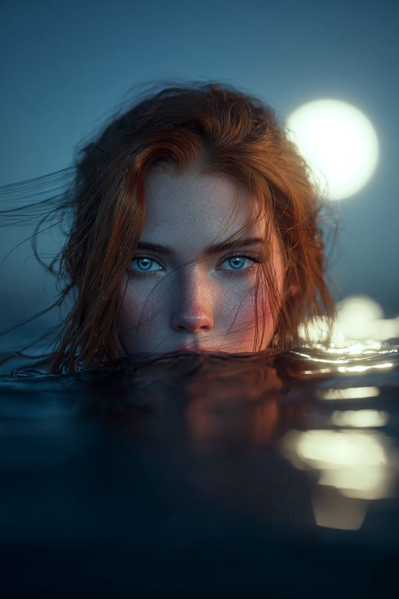 Woman water eyes wet reflection moonlight night beauty underwater moody mood A woman with red hair is partially submerged in water, her face illuminated by a bright light. Her hair is wet and flowing around her face, and she has a serene expression. The water is dark, and the light source is above her, casting a soft glow on her face and hair. The background is dark, and there is a faint outline of a moon or sun in the distance.