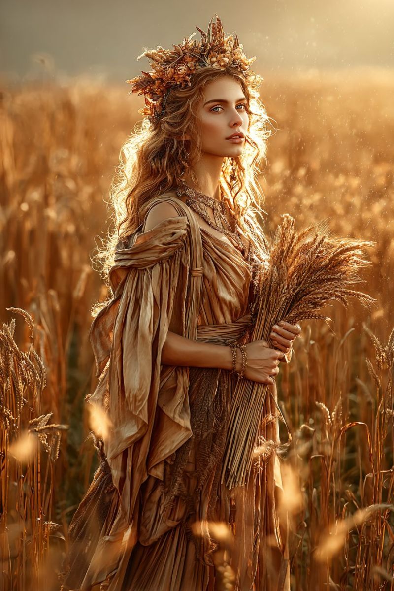 Woman field wheat dress crown head hand arm leg sunlight nature outdoors beauty fashion culture mythology A woman stands in a golden wheat field, her hair adorned with a wreath of wheat and flowers. She wears a flowing, golden dress and holds a bundle of wheat in her hands. Her expression is serene, and the light casts a warm glow on her and the wheat, creating a golden, ethereal atmosphere.