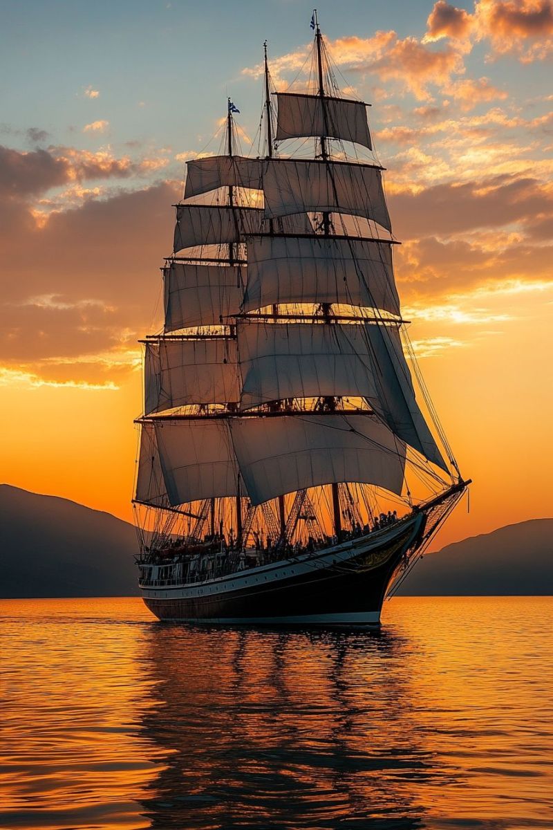 Sailboat nautical maritime sunset boat ship ocean evening sail yacht water serene sunset scene featuring a large three-masted sailboat floating on water. The boat is positioned centrally in the frame, with its sails down and a solitary figure visible on the deck, silhouetted against the sky. The hull of the boat displays a classic design with white paint. The background of the image reveals a peaceful body of water that reflects the colors of the sunset. The sky is filled with soft golden hues, indicating that the photograph was taken during the golden hour around sunset or sunrise. On the horizon line, the faint outline of mountains can be discerned, adding depth to the scene. The overall impression is one of tranquility and natural beauty, likely captured in a calm coastal area during late afternoon or early evening when the sun's low angle casts dramatic shadows and long exposures can capture such a picturesque moment.