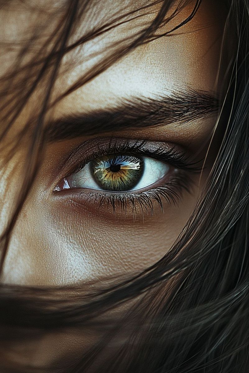 Contact human eyelashes reflection woman beauty shot brown eyes close-up view of a person with a focused expression. The individual has dark skin and is looking to the side, giving a sense of depth and perspective. They have long, curly hair that partially falls over one eye. The hair appears to be brown or black in color. The individual's eye color is not fully visible but seems to be a light shade, possibly hazel or green, as it reflects some colors back to the viewer. The person has fair skin and their forehead and cheek are visible, showing some facial features like eyebrows, eyelashes, and part of the cheek with natural skin tone and texture. The angle of the shot is from below, looking up towards the face. This perspective emphasizes the intensity and focus in the person's eyes, which are looking slightly to the right of the frame. The image has a high-resolution and is well-lit, highlighting the textures on the skin and in the hair. The background is not distinctly visible, maintaining a bokeh effect that keeps the subject sharp while softly blurring the environment.