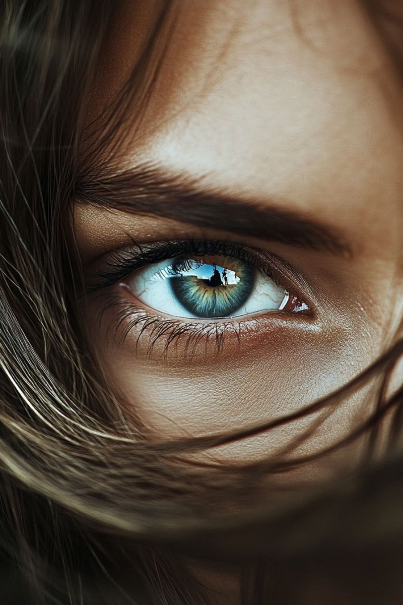 Eye human watermarked out focus reflection woman blue iris close-up of a person's face. They have light brown skin and dark hair, with the strands slightly out of place as if just moved by the wind. Their eyes are blue and are looking directly at the camera, giving an intense gaze. The person appears to be in their late twenties to early thirties. There is a bokeh effect from the person's hair, which adds depth and focus to the image. The texture on the skin suggests a fresh and youthful appearance.