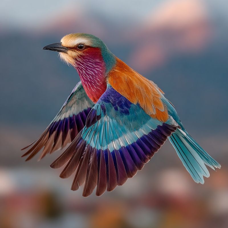 Bird flight colorful nature wildlife sky feathers animal outdoors birdwatching aviary ornithology ecology conservation environment fauna horizon A vibrant bird with a mix of orange, red, blue, and purple feathers is in mid-flight. Its wings are spread wide, showcasing a gradient of colors from brown at the base to blue and purple towards the tips. The bird's head is adorned with a mix of red and orange hues, and it has a black beak. The background is a soft gradient of blue and pink, suggesting a sunset or sunrise. The bird appears to be flying against a back of a city or town, with some buildings and trees visible in the distance.