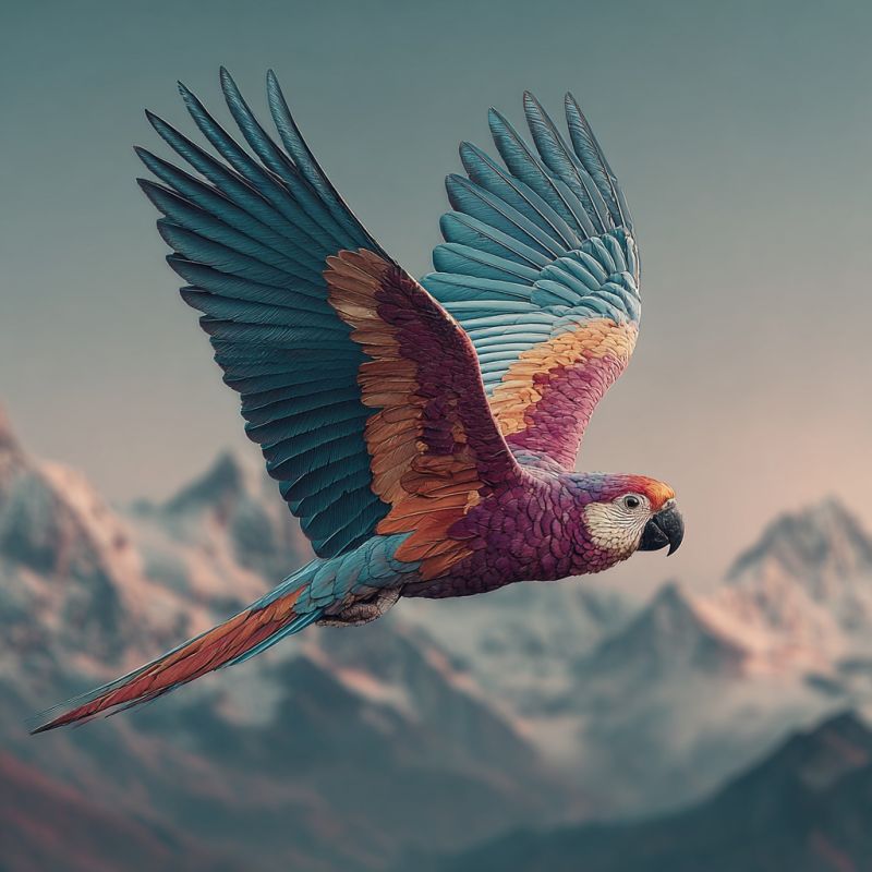 Oiseau perroquet vol montagne ciel faune nature plumes bec ailes animal Un perroquet vibrant avec un mélange de plumes bleues, rouges et jaunes plane gracieusement dans le ciel. Ses ailes sont largement déployées, mettant en valeur son plumage coloré. La tête du perroquet est légèrement tournée vers la droite, et il a un bec noir. L'arrière-plan présente une majestueuse chaîne de montagnes avec un ciel bleu clair. Les montagnes sont couvertes de neige, ajoutant à l'ambiance sereine et pittoresque.