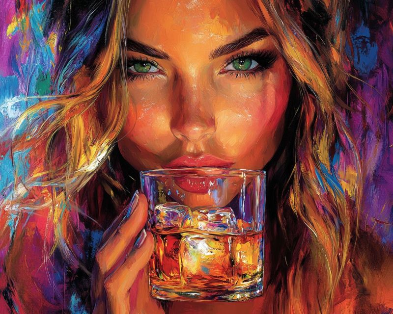 Femme visage beaute expression yeux levres cheveux verre boisson glace alcool cocktail moderne mode Un tableau vibrant d'une femme aux longs cheveux blonds ondulés tenant un verre de whisky avec des glaçons. Elle a des yeux verts saisissants, un léger sourire et porte du maquillage. Le fond est un mélange de couleurs violettes, bleues et orange, créant une atmosphère dynamique et vivante. Le visage de la femme est illuminé et le verre de whisky reflète les couleurs du fond.