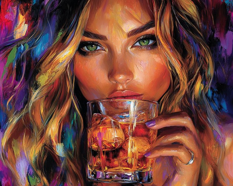 Femme boire verre glace cocktail visage levres cheveux sourcil bague doigt main vernis ongles La peinture représente une femme aux longs cheveux blonds ondulés tenant un verre rempli d'un liquide foncé de couleur ambre, probablement du whisky, avec des glaçons à l'intérieur. Son visage est peint avec des couleurs vives, et elle a des yeux verts saisissants et une bouche légèrement ouverte. Ses lèvres sont peintes d'une couleur rouge profond, et elle porte une bague à son doigt. Le fond est un mélange de couleurs violettes, bleues et jaunes, avec un effet légèrement flou. Les cheveux de la femme sont peints avec un mélange de couleurs jaunes, orange et violettes, lui donnant un aspect vibrant et vivant.