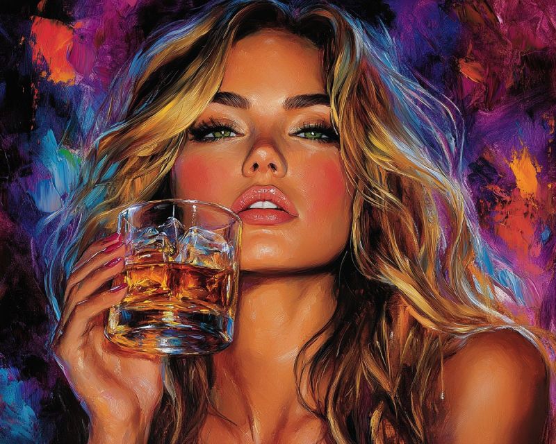 Femme visage beaute expression mode cheveux levres oeil sourcil maquillage boisson verre glace alcool whisky Le tableau représente une femme aux longs cheveux blonds ondulés tenant un verre rempli d'un liquide ambré, probablement du whisky, avec quelques glaçons. Elle a une expression sérieuse et regarde directement le spectateur. Ses yeux sont verts et soulignés d'eyeliner, et elle a un léger sourire sur les lèvres. Le fond est un mélange vibrant de teintes violettes, bleues et orange, ajoutant une touche dynamique et artistique à la scène.