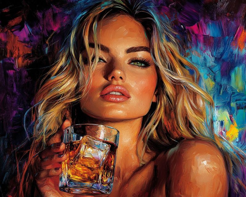 Femme visage beaute expression levres oeil cheveux boisson verre glace alcool whisky cocktail mode moderne Une femme aux cheveux blonds ondulés tient un verre de whisky avec un seul glaçon. Elle a une expression sérieuse et regarde directement la caméra. Ses lèvres sont peintes d'une couleur rouge profond, et elle a des yeux verts avec de longs cils. Le fond est un mélange de couleurs vives, dont le violet, le bleu et le jaune, avec un effet légèrement flou.