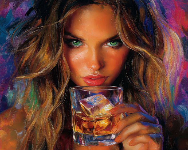 Femme visage beaute expression yeux levres cheveux boisson verre glace alcool whisky cocktail realisme Une femme aux cheveux longs et ondulés tient un verre rempli d'un liquide sombre, probablement du whisky, et quelques glaçons. Elle a une expression sérieuse et regarde directement la caméra. Ses lèvres sont peintes d'une couleur rouge profond, et elle a les yeux verts. Le fond est un mélange de couleurs vives, dont le violet, le bleu et l'orange, créant un effet quelque peu abstrait et artistique.