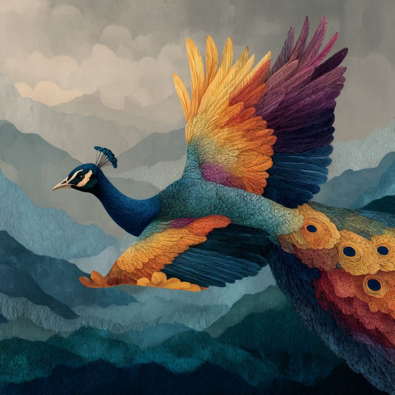 Paon fantaisie imagination nature oiseau vol montagnes ciel nuages faune plumes oeil plume Une illustration d'un paon en vol avec ses plumes de queue vibrantes largement déployées. Le corps du paon est principalement bleu avec un éclat vert, et ses plumes de queue sont un mélange d'orange, de violet et de bleu. Les ailes sont déployées, montrant un dégradé de couleurs allant du jaune à la base au violet aux extrémités. La tête du paon est tournée vers la gauche, et son bec est pointé vers l'avant. L'arrière-plan présente un paysage montagneux avec un ciel nuageux, ajoutant de la profondeur et du contexte à la scène.