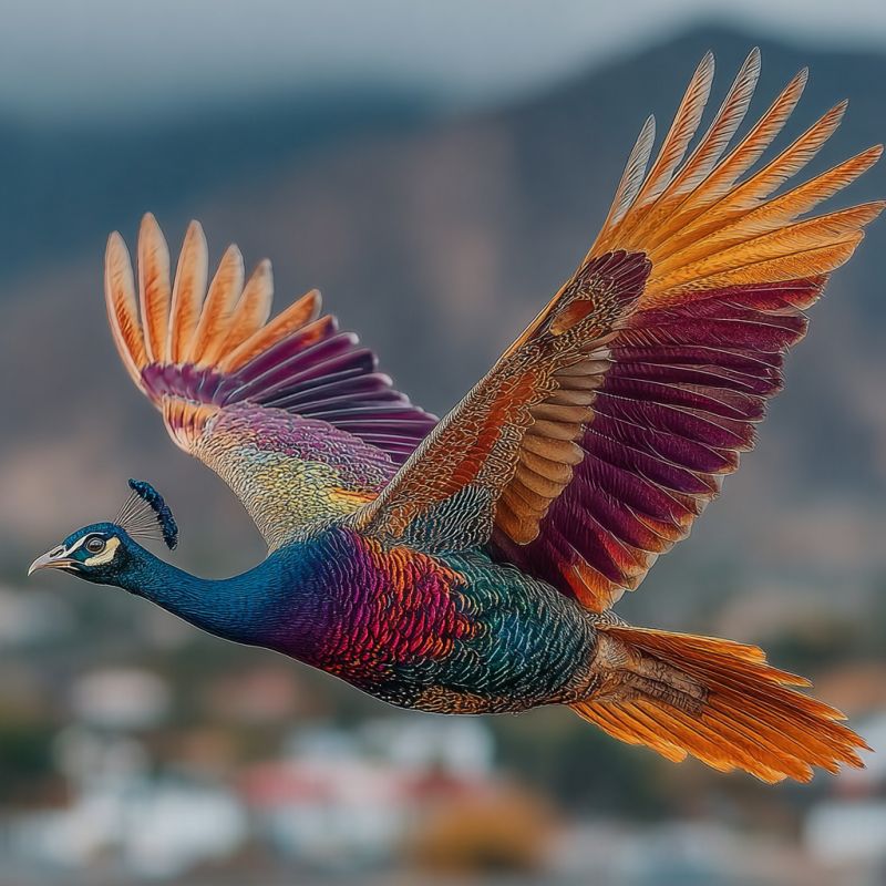 Peacock bird flight feathers colorful nature wildlife sky animal ornithology outdoors ecology environment fauna aviary zoology biology conservation A vibrant peacock is captured mid-flight with its wings spread wide. The peacock's body is a mix of deep blues and greens, transitioning into a spectrum of purples, pinks, and oranges on its wings. The tail feathers are not fully visible but appear to be a continuation of the colorful pattern. The bird's head is turned slightly to the left, and its eyes are focused forward. The background is a blend of soft blues and grays, with a hint of mountains or hills in the distance, and some structures that could be buildings or trees.
