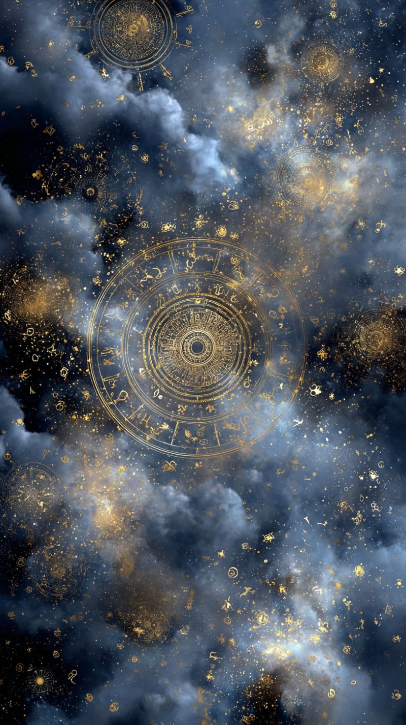 Sky clouds stars circle gold symbols design space universe cosmic mystical fantasy pattern texture dark dark, cloudy night sky filled with numerous golden and white symbols and circular designs. In the center, there is a large, intricate golden circle with a dark center, surrounded by smaller golden circles and symbols. The sky is filled with various symbols, including what appears to be zodiac signs, and the overall effect is mystical and celestial. The background is a deep blue, and the golden elements create a shimmering, ethereal quality.