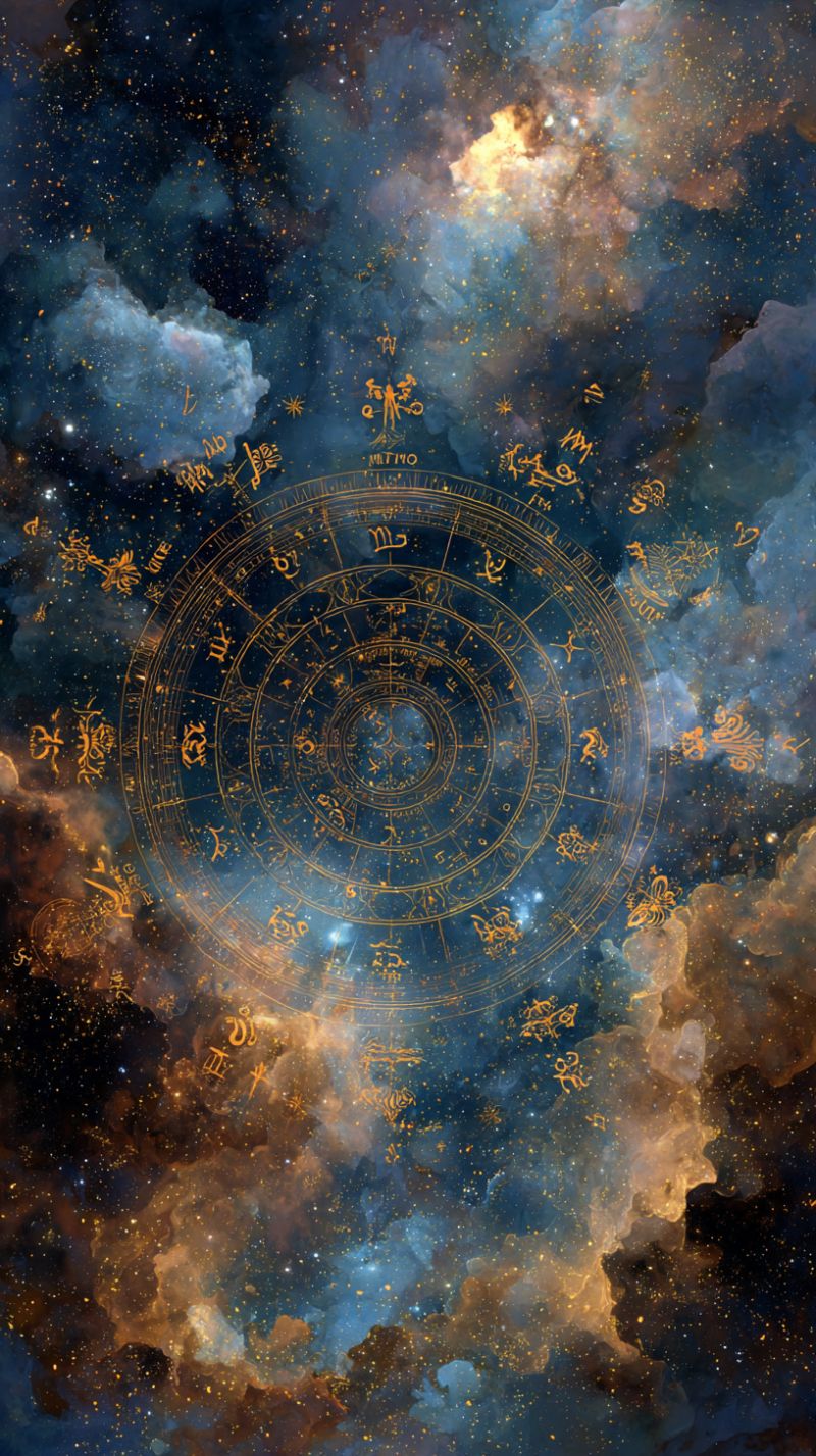 Space universe cosmos astronomy star galaxy nebula planet astrology zodiac constellation celestial orbit circular astrological chart set against a back of a deep blue and orange nebula. The chart is adorned with golden symbols and text, representing the zodiac signs. Each sign is accompanied by its corresponding symbol and name, arranged in a circular pattern around the chart. The background features swirling clouds and stars, creating a mystical and celestial atmosphere. The chart itself is intricately detailed, with each section of the zodiac clearly marked and separated by golden lines. The overall composition is rich in color and detail, evoking a sense of cosmic mystery and ancient wisdom.