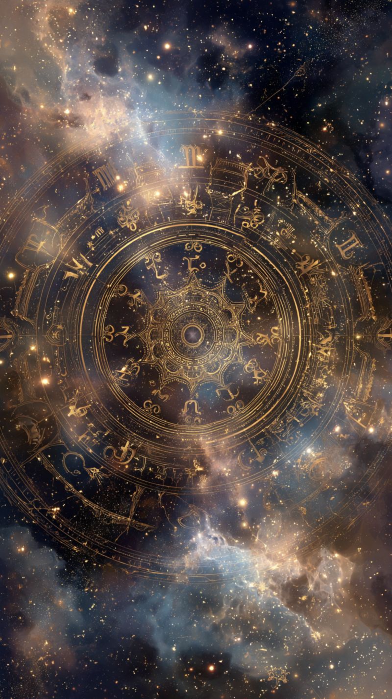 Space universe galaxy star cosmos astronomy celestial starry nebula night sky outer A circular design with intricate golden patterns and symbols, resembling a zodiac wheel, is set against a dark, starry background. The center of the circle features a dark, possibly black, circular area with a small, glowing dot in the middle. Surrounding this central area are various symbols and texts, including numbers and astrological signs, all rendered in gold. The outer edge of the circle is adorned with additional symbols and designs, creating a complex and detailed pattern. The background is filled with countless stars and a nebula-like effect, adding to the mystical and celestial atmosphere of the image.