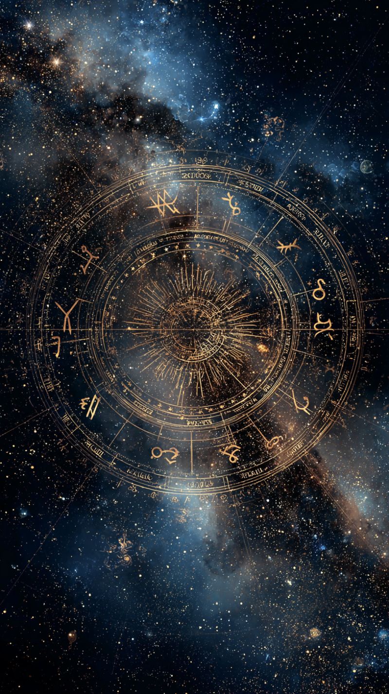 Horoscope zodiac astrology constellation stars universe galaxy cosmic space celestial astronomy cosmology astronomical stargazing night sky rays micro circular design with a dark blue background, resembling a night sky filled with stars. In the center, there is a golden circular chart with various symbols and text. The chart is divided into sections, each marked with a different symbol, possibly representing astrological signs. Surrounding the chart are additional symbols and text, all in gold, creating a mystical and celestial atmosphere. The overall design is intricate and detailed, with a sense of depth and complexity.
