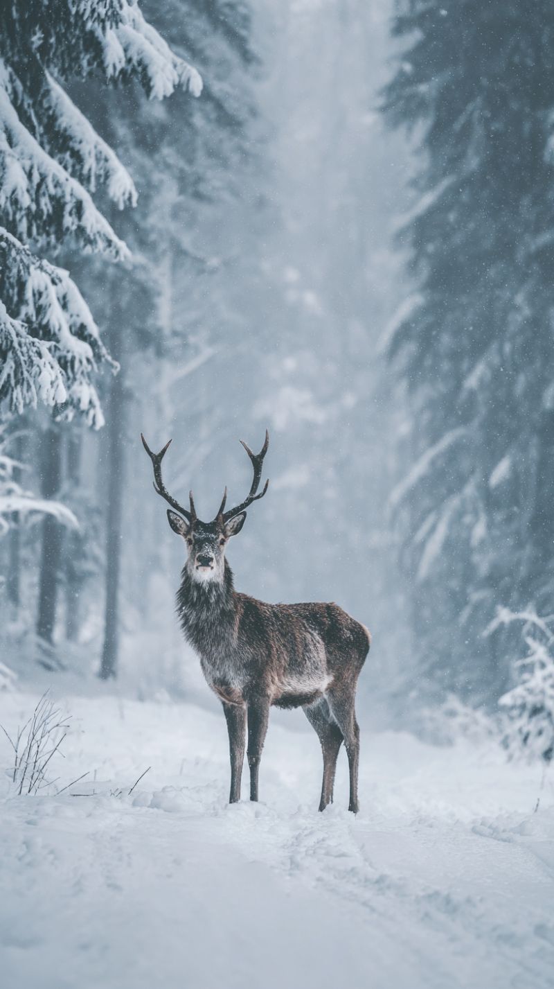 Deer snow winter forest wildlife nature animal outdoors cold antler tree branch bark ground path trail habitat environment A majestic stag with large, branched antlers stands in a snowy forest. The deer's fur is thick and brown, blending with the snowy ground. Snow-covered pine trees surround the stag, with some branches also dusted with snow. The background is a soft, snowy white, and the atmosphere is serene and quiet.