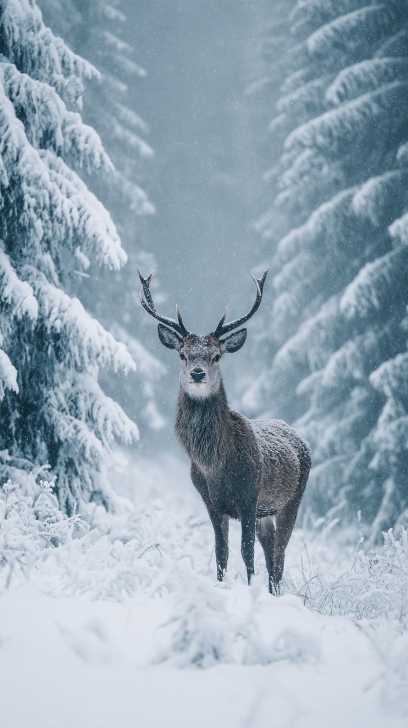 Deer snow winter forest wildlife nature animal cold outdoors antler tree branch fawn stag A majestic red deer stands in a snowy forest, its antlers dusted with snow. The deer is alert, facing to the left, with its body covered in a thick layer of snow. Behind it, tall pine trees are also blanketed in snow, their branches heavy with the winter's weight. The sky is overcast, and it seems to be snowing lightly, adding to the serene and tranquil atmosphere of the scene.