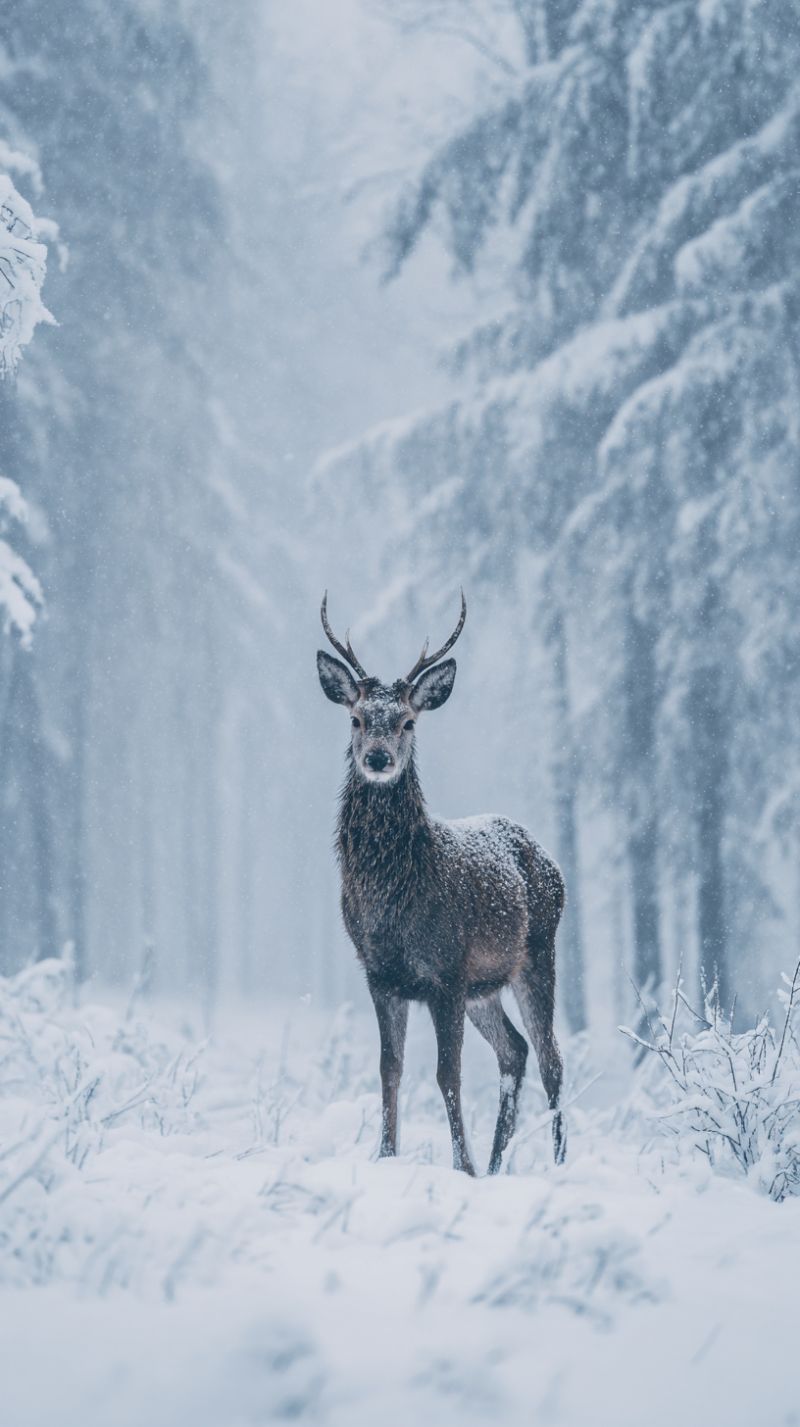 Deer snow winter forest wildlife nature animal outdoors cold standing antler branch tree bark ground cover A deer stands in a snowy forest, its fur dusted with snow. The deer has a dark brown coat and prominent antlers. It looks alert, with its head turned slightly to the left. The background is a winter forest with tall, snow-covered trees. Snow falls gently, creating a serene and tranquil atmosphere.