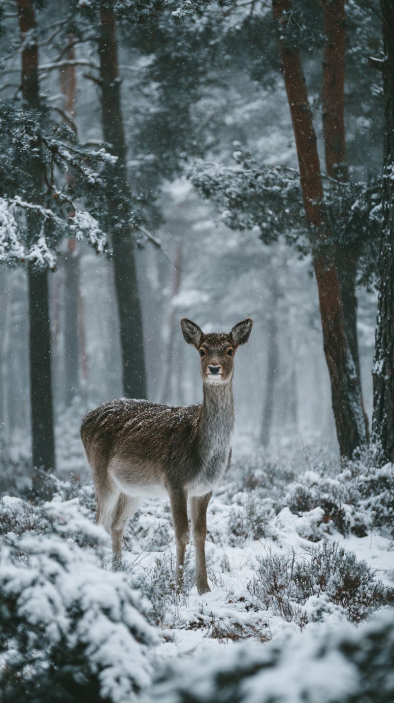 Deer snow winter forest wildlife nature animal cold outdoors tree fawn standing gazing alert cautious environment habitat In a snowy forest, a deer stands alert, its fur dusted with snow. The deer has a gentle expression, with large ears and a small, pointed snout. It is surrounded by tall, snow-covered trees, their branches heavy with snow. The ground is blanketed in snow, with patches of bare ground and small shrubs visible. The sky is overcast, and it appears to be snowing lightly.