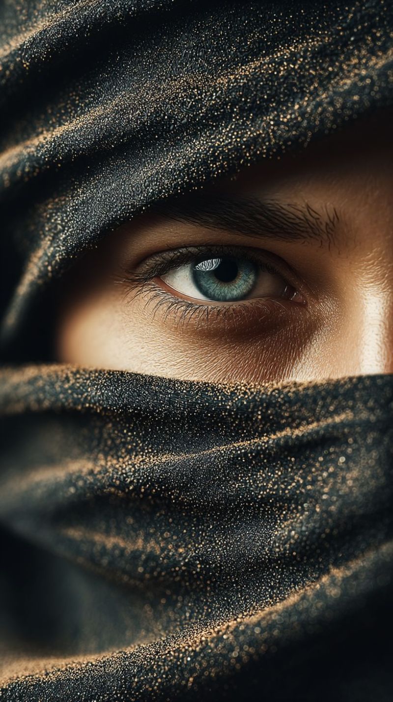 Eye clothing texture fabric pattern skin eyelash eyelid eyelashes eyebrows socket curler extension A close-up of a person's face with a black and gold patterned fabric covering their face. The fabric has a shiny, glittery texture. The person's eye is visible, with a blue iris and a slightly open eye. The person's eyelashes are long and dark. The person's skin is slightly tanned, and their hair is dark. The person's face is slightly illuminated by a light source, possibly from the right side.