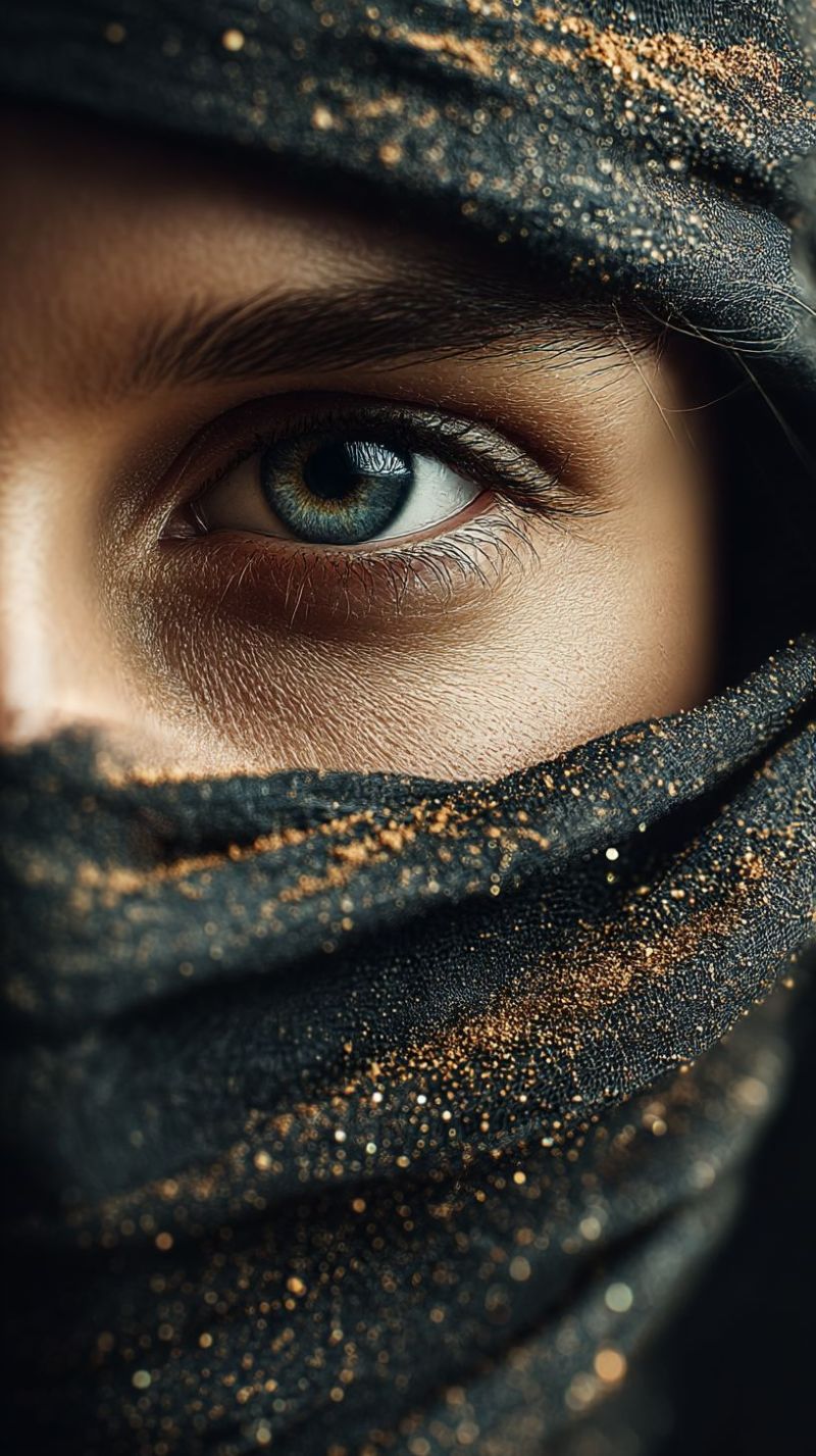 Oeil femme tete peau eyeliner fard paupieres maquillage beaute paillette etincelle texture Une vue rapprochée du visage d'une femme, ses yeux sont légèrement ouverts, et ses cils sont longs et épais. Ses yeux sont d'un bleu profond, et ses sourcils sont arqués. Elle porte un foulard noir avec des paillettes dorées et argentées, couvrant son visage. Le foulard est légèrement levé, révélant ses yeux et une partie de son nez. L'arrière-plan est flou, et il semble être une pièce sombre.
