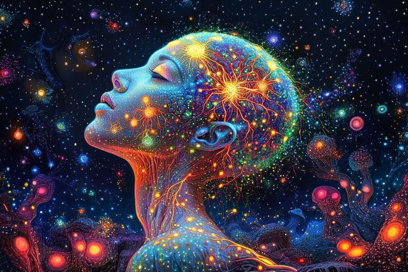 Imaginaire cosmique futuriste spatial meditation mindfulness conscience creative chemins neuronaux psychologie imagerie science L'image présente une femme avec un dessin intriqué qui ressemble à un cerveau. Sa face est cachée par ce complexe modèle, qui est vif et coloré avec diverses nuances et formes. Le ciel étoilé y entoure une figure calme et centrale dans la composition, attirant l'attention sur elle-même au milieu du fond stellaire multicolore.