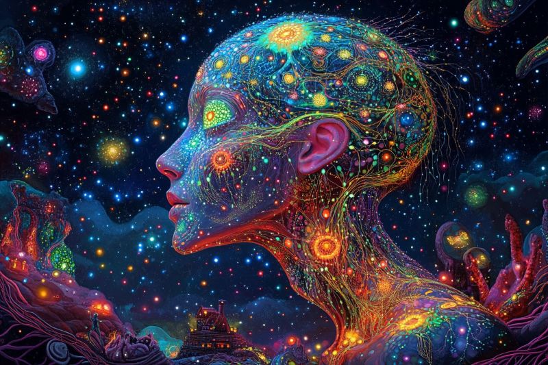 Cosmique neon psychedelique science fiction visage feminin cerebral intergalactique nebule Illustration vivante et fantastique d'une figure humaine avec un dessin élégant et coloré sur la tête et le visage. Ce dessin ressemble à une galaxie ou une scène cosmique avec divers corps célestes tels que des étoiles, des planètes et peut-être des nébuleuses. La figure semble regarder à l'horizon lointain, entourée d'un fond rempli de plus en plus de matériaux cosmiques et de bulles de texte qui contiennent des formes et des modèles abstraits, contribuant à la nature surréaliste et rêveuse de l'oeuvre d'art. Le style de l'image est artistique et fantaisiste, en utilisant des couleurs brillantes et des détails intriqués pour transmettre un sentiment de merveille et d'imagination. La pose et l'expression de la figure suggèrent une méditation ou un étonnement à l'égard des environnements cosmiques. L'art semble être influencé par les esthétiques psychédéliques, caractérisées par leurs qualités abstraites, rêveuses et leur utilisation de couleurs vives.