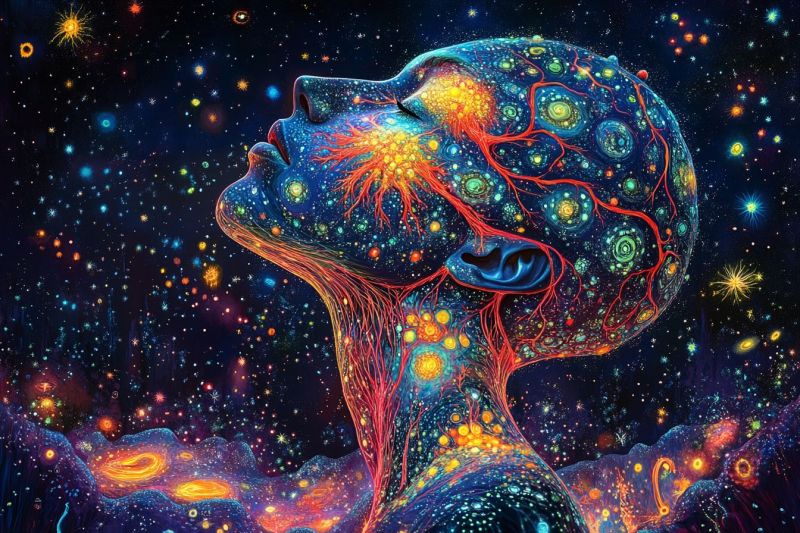 Cosmique thematique spatiale feminine ciel etoile vif meditation mentale citation inspiration scientifique naturelle L'artiste créé un dessin vibrante et coloré qui met en scène une figure centrale avec une forme humaine. Cette figure est dotée d'une tête et de la nuque très détaillées, ornées de diverses motifs et symboles qui suggèrent une combinaison d'éléments organiques et cosmiques. La tête est recouverte d'un réseau qui ressemble à des cellules ou des neurones en tons bleus et verts, relier par des lignes fines roses. Au-dessus du épaule, la figure porte un grand cerveau stylisé avec des spirales et des motifs en couleurs chaudes comme les jaunes et les oranges. La figure est posée sur un fond rempli de têtes et de nébuleuses, créant un effet de se trouver entouré de l'immensité de l'espace. Le fond est très détaillé avec des éléments cosmiques tels que des galaxies, des planètes et des corps célestes, peints en tons bleus, rose, orange et blanc. En plus du thème fantastique, il y a également des représentations d'objets célestes comme les comètes, les étoiles filantes et autres phénomènes cosmiques. Ces éléments se combinent pour donner l'impression que la figure est au centre d'un événement ou d'une université chaotique. Le style de l'artiste est très détaillé et ressemble à du digital art ou de la peinture avec un thème de fantasy ou de science-fiction. L'effet général est de mystère, d'intertwinglement et d'un sentiment de merveille cosmique.