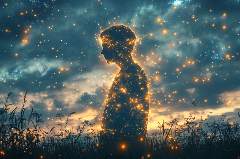 Espace nebuleuse ciel etoile contemplatif matinale cosmique nocturne isolation astronomie pacifique inspirant mysterieux sci Scène du ciel avec une personne regardant vers le haut, entourée de points étoilés qui donnent l'impression d'un environnement céleste ou rêveur. La personne est silhouettée contre un fond plus clair, qui pourrait être interprété comme les nuages ou les étoiles, et semble regarder quelque chose en dehors du cadre. Le point de focalisation se situe sur la figure humaine, avec le ciel fournissant un fond qui renforce le sentiment de merveille et de grandeur de l'univers. Il n'y a pas d'écrits visibles dans l'image.