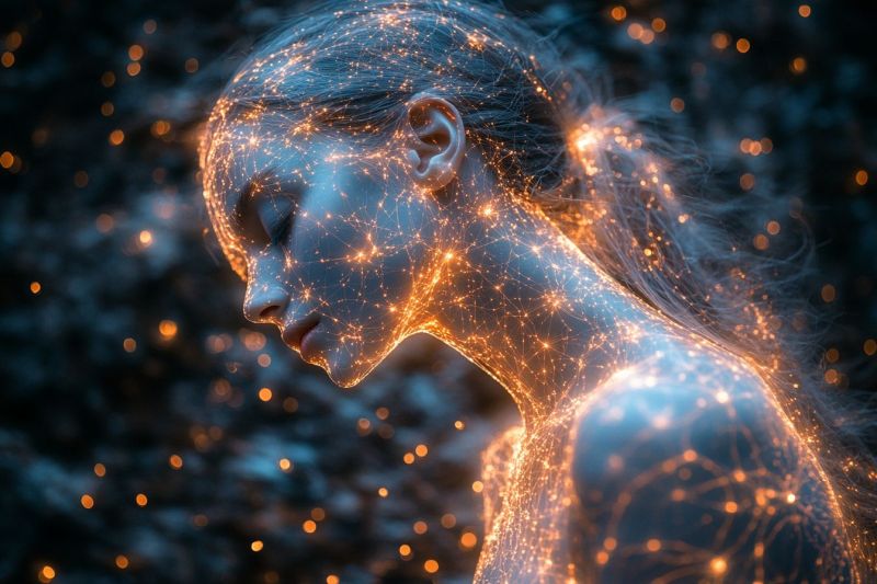 Astrophotographie cosmique nuit etoilee astre galactique pointilles scintillants composition nebuleuse profond espace creativ La personne est représentée avec une expression calme, les yeux fermés comme si elle était dans un état de relaxation profonde. Elle a une apparence jeunisse et est superposée à un fond sombre qui présente ce qui ressemble à des pointes lumineuses ou particules. Ces particules donnent l'impression d'un environnement magique et éthéré. Le corps de la personne est éclairé par ces points brillants, créant un effet qui les intégrale dans son environnement. L'atmosphère totale de l'image est calme et paisible.