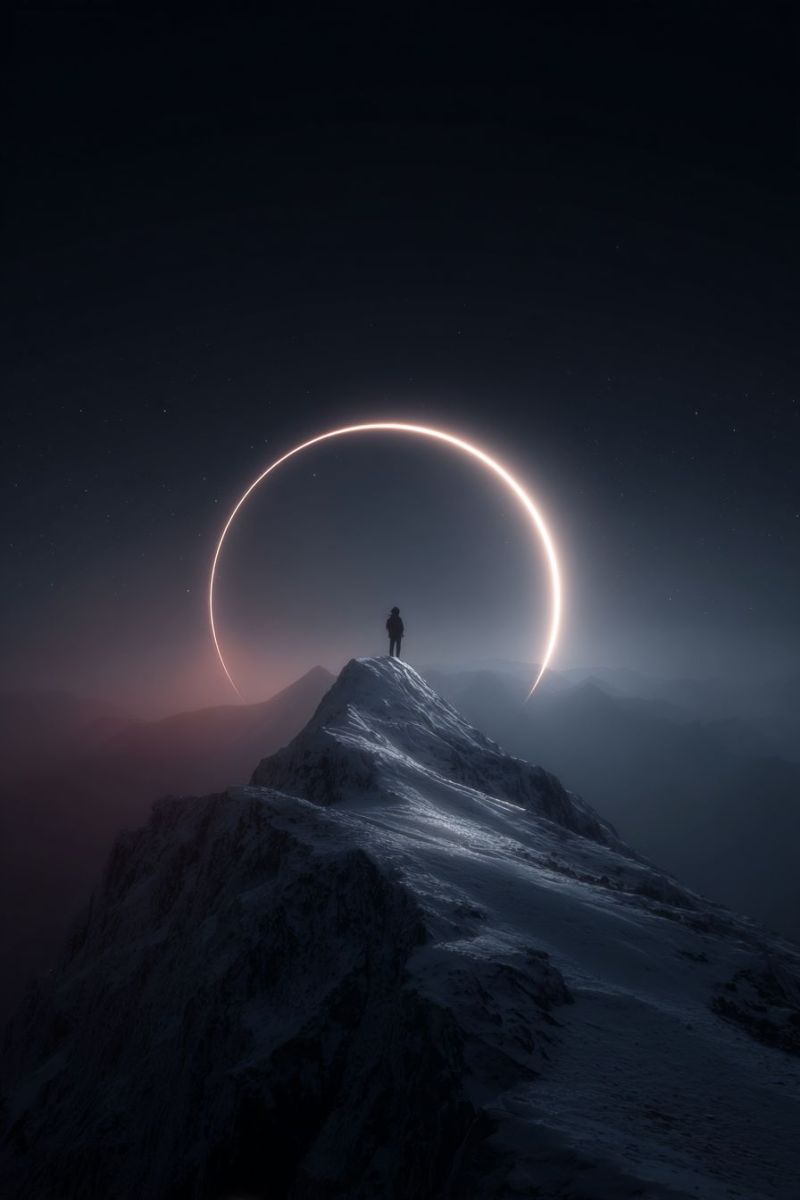 Night mountain sky snow dark horizon reflection cloud star moon valley rock hill fog shadow atmosphere A person stands on a snowy mountain peak at night, facing a large, glowing ring-shaped object in the sky. The ring is bright and appears to be a celestial phenomenon, possibly a ring eclipse. The sky is dark, with a few stars visible, and the mountain range is silhouetted against the night sky. The person is standing alone, with their back to the camera, and the scene is serene and awe-inspiring.