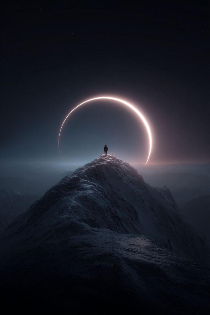 Nuit montagne ciel obscurite lune horizon nuage etoile reflet rocher vallee brouillard atmosphere ombre eau Une personne se tient sur un sommet de montagne sous un ciel nocturne, avec une grande structure circulaire lumineuse derrière elle. L'anneau semble être un corps céleste, peut-être une planète ou une lune, avec un bord brillant et lumineux. Le ciel est sombre, avec quelques étoiles visibles, et la chaîne de montagnes est couverte de neige. La personne se tient seule, le dos tourné vers la caméra, et la structure annulaire est positionnée derrière elle, créant une scène dramatique et impressionnante.
