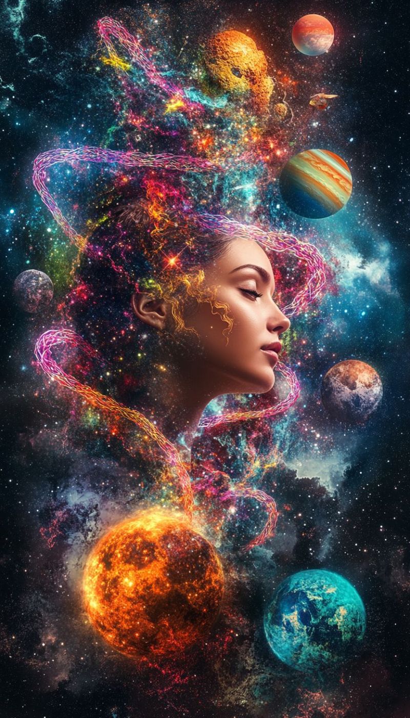 Space woman universe cosmic galaxy stars planets nebula astronomy celestial cosmology astrophysics astronomical outer exploration dust science A woman's face is surrounded by a vibrant, colorful cosmic background. Her hair is adorned with swirling, multicolored strands that resemble a nebula. Her eyes are closed, and her face is illuminated by a soft, ethereal light. The background features various celestial bodies, including planets, stars, and galaxies, all rendered in vivid colors. The planets are depicted in different sizes and colors, with some having rings or moons. The overall scene is a blend of fantasy and science fiction, evoking a sense of wonder and exploration.