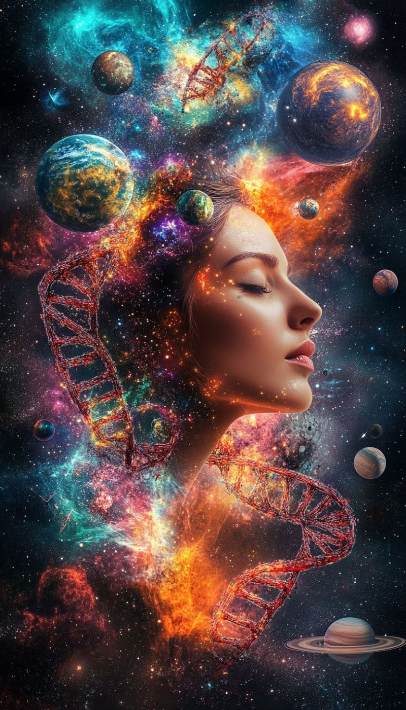 Woman eyes hair planets universe stars space galaxy cosmos astronomy science fantasy colorful shadow A woman's face is depicted with her eyes closed, set against a vibrant, colorful cosmic background. Her hair is stylized to resemble a DNA strand, intertwined with glowing particles and small planets. The background features a mix of swirling galaxies, stars, and planets in various colors, including blues, purples, and yellows. The planets are scattered throughout the scene, some appearing larger and more detailed, while others are smaller and more distant. The overall effect is one of a dreamlike, otherworldly landscape, blending elements of science and art.