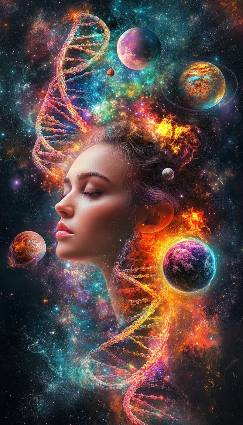 Woman hair eyes lips space planets stars galaxy universe cosmos astronomy science genetics dna helix biotechnology futuristic genetic engineering A woman's face is depicted with her eyes closed, set against a vibrant, colorful background. Her hair is styled in a way that resembles a DNA strand, intertwined with fiery and colorful elements. The background is a cosmic scene filled with planets and stars, some of which are glowing with a fiery hue. The planets are scattered throughout the space, each with its own unique color and texture. The overall composition is surreal and artistic, blending elements of science and fantasy.