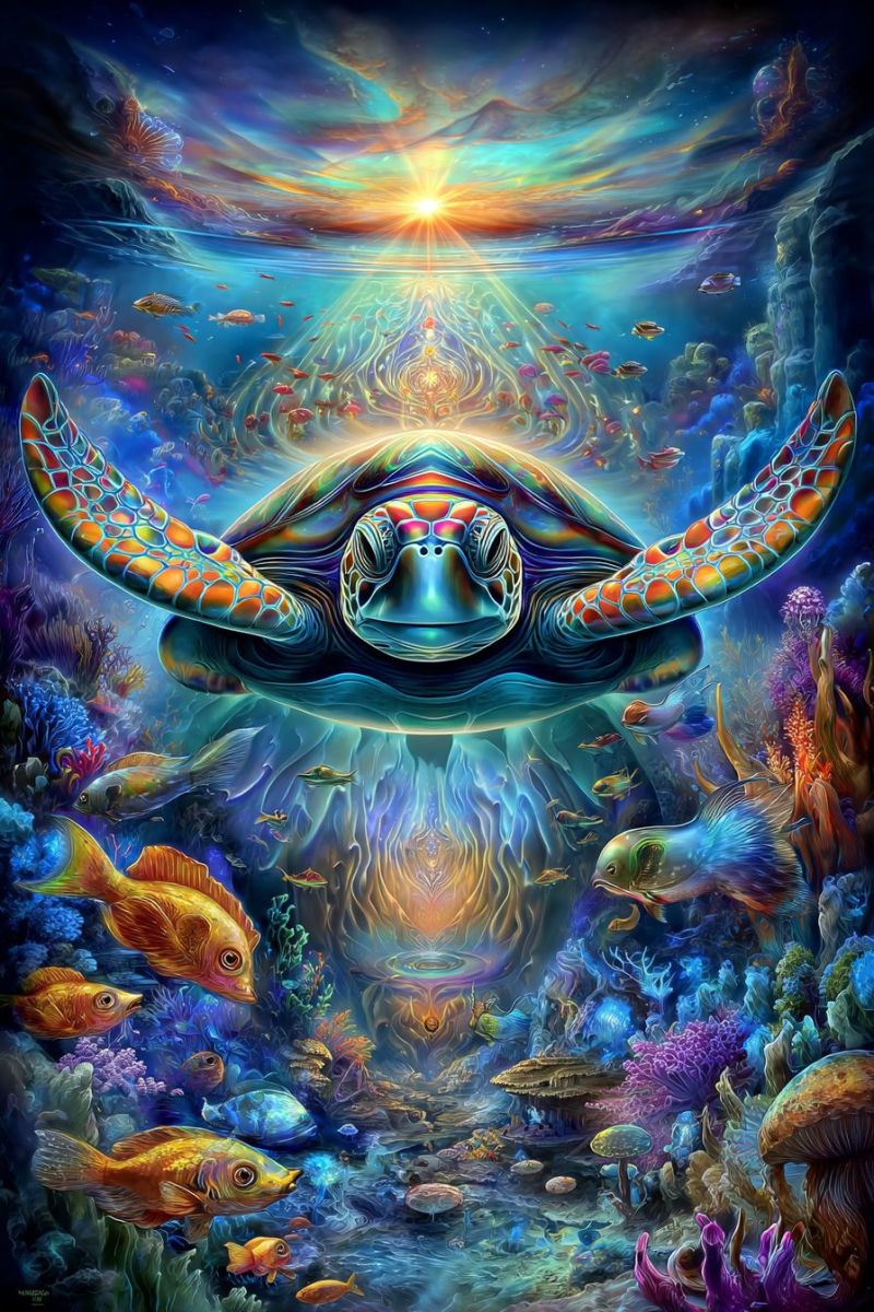 Tortue sous eau poisson mer rayons soleil corail recif Une scène sous-marine met en scène une grande tortue de mer colorée nageant avec grâce. La carapace de la tortue est ornée de motifs vibrants de bleus, verts et jaunes. Autour de la tortue, divers poissons, notamment des orange et jaunes, nagent dans différentes directions. Le fond est d'un bleu profond, avec des récifs coralliens aux teintes de violet, rose et vert. Des rayons de lumière provenant de la surface illuminent la scène, créant une atmosphère magique et sereine.