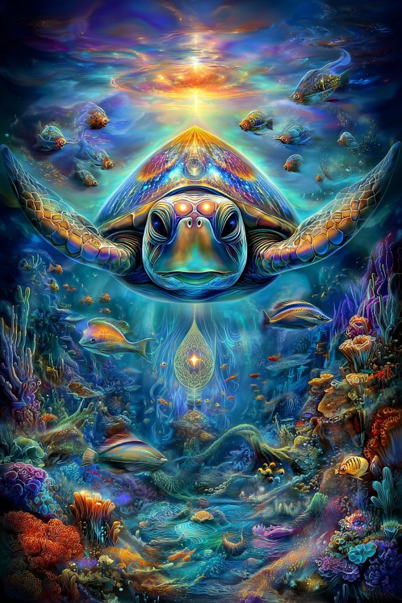 Tortue sous eau poisson mer ocean soleil rayons corail recif Une grande tortue de mer avec une carapace colorée nage gracieusement à travers une scène sous-marine vibrante. La carapace de la tortue est ornée de nuances de bleu, vert et jaune, et elle a une expression sereine avec des yeux lumineux. Autour de la tortue, divers poissons de différentes couleurs nagent dans différentes directions. L'arrière-plan présente un récif corallien avec une variété de coraux aux couleurs vives comme l'orange, le rose et le violet. L'eau est claire, permettant au soleil de filtrer à travers, créant une atmosphère magique et sereine.