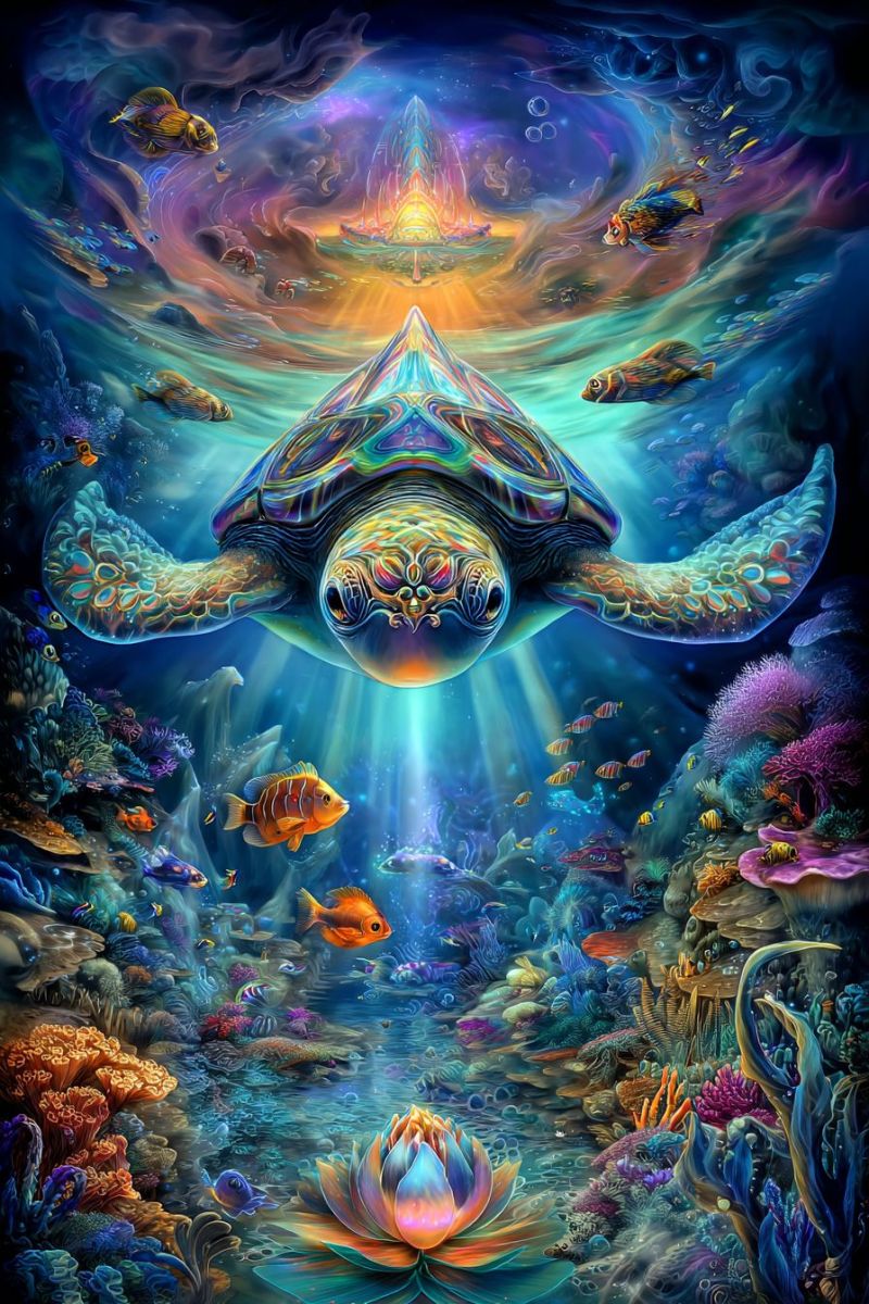 Sous poisson ocean soleil bulles eau mer tropical aquatique nature faune fantaisie tortue corail recif vie marine Une scène sous-marine met en scène une grande tortue colorée nageant avec grâce. La carapace de la tortue est ornée de motifs complexes et de couleurs vives. Autour de la tortue, divers poissons, notamment des orange, jaunes et bleus, nagent dans différentes directions. Le fond est d'un bleu profond, avec des récifs coralliens aux teintes de violet, orange et vert. Une source de lumière brillante illumine la scène, projetant une douce lueur sur la tortue et les coraux. L'atmosphère générale est sereine et magique, avec des bulles flottant doucement dans l'eau.