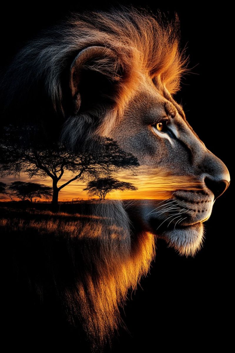 Lion african safari sunset wildlife looking over shoulder nature serenity adventure majestic savanna scenery dusk sky digital artwork or a photograph manipulated to resemble a painting. It features the profile of a majestic lion's head in sharp focus, with its mane and whiskers clearly visible against a sky background. A silhouette of an African savanna landscape with trees and a sunset can be seen on the horizon. The color palette is warm and uses contrasting tones between the dark lion figure and the lighter, more colorful landscape. The style appears to be a combination of realistic photography for the landscape elements and artistic rendering for the lion's head and mane. This creates a striking effect where the lion seems to be a part of the natural landscape, as if it is looking out over its kingdom. The artwork evokes themes of wildlife conservation and the majesty of nature.