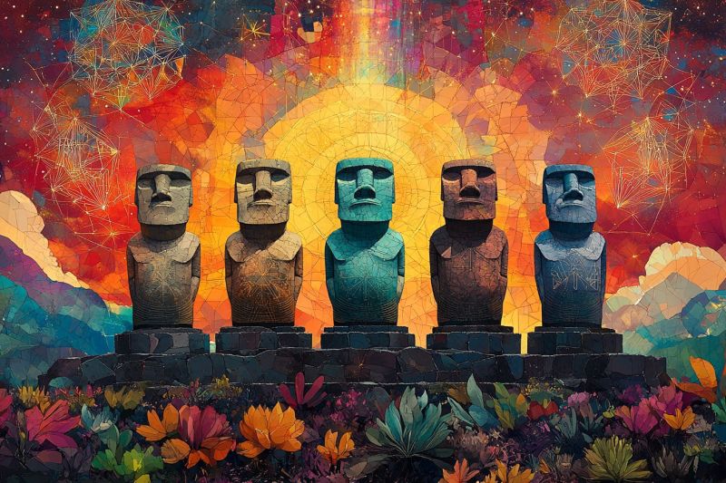 Statue mosaique ancien culture mystere histoire architecture design geometrique nature soleil ciel fleurs plantes L'image présente cinq grandes statues de pierre, ressemblant aux emblématiques Moai de l'île de Pâques, debout en rangée sur une plateforme en pierre. Chaque statue a une couleur distincte : gris, brun, turquoise, brun foncé et bleu foncé. Elles ont toutes des expressions sérieuses et regardent vers l'avant. Derrière elles, il y a un arrière-plan vibrant et abstrait avec un mélange de couleurs chaudes et froides, incluant des rouges, des oranges, des jaunes et des bleus. L'arrière-plan comprend également des motifs géométriques et une forme solaire rayonnant de la lumière. Au bas de l'image, il y a un éventail coloré de fleurs et de plantes, ajoutant une touche vivante à la scène.