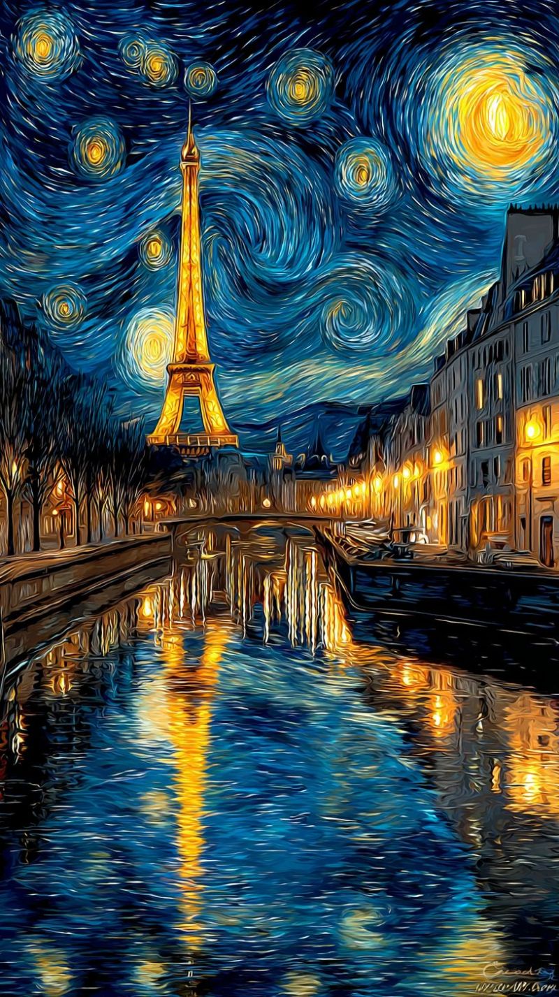 Painting night sky city bridge river buildings stars reflection water architecture landmarks urban streetlights trees eiffel tower ight scene with the Eiffel Tower prominently in the center. The tower is illuminated with warm yellow lights, standing tall against a deep blue night sky. The sky is adorned with swirling, starry patterns reminiscent of Van Gogh's style, with bright yellow and orange stars scattered across the canvas. The Seine River runs through the scene, reflecting the lights from the buildings and the tower. On the right side, there are buildings with many windows, some of which are lit up, casting a warm glow. Street lamps line the riverbanks, adding to the illuminated ambiance. The overall mood is serene and picturesque, capturing the essence of Paris at night.