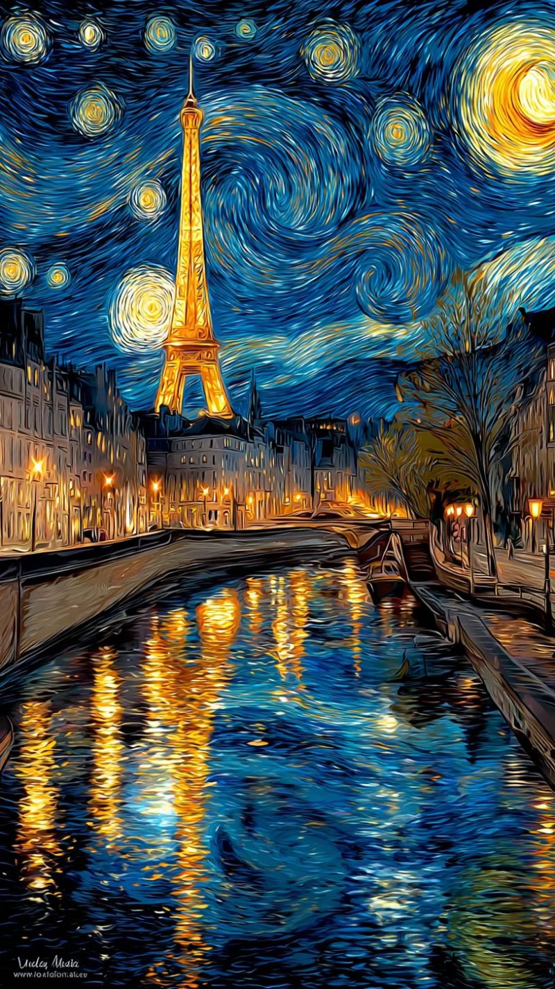 Nuit ciel ville pont riviere paris architecture eau reflet lampadaires batiments arbres etoiles impressionnisme tour eiffel van gogh Scène nocturne présentant la Tour Eiffel à Paris, France. La tour est mise en valeur contre un ciel de nuit tourbillonnant et étoilé, avec des teintes jaunes et bleues vibrantes créant un effet dynamique, presque abstrait. La Seine traverse le premier plan, reflétant les lumières des bâtiments et de la tour. Les bâtiments bordant les berges sont illuminés, projetant des reflets dorés et chaleureux sur l'eau. Des lampadaires bordent les trottoirs, ajoutant à la lueur chaleureuse de la scène. L'atmosphère générale est sereine et magique, avec l'emblématique Tour Eiffel se dressant fière et majestueuse.