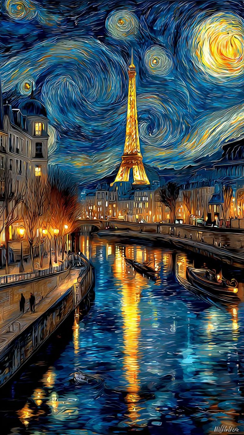 Painting night sky city river bridge buildings stars reflection boats people trees lamps architecture urban nighttime eiffel tower The painting depicts a nighttime scene with the Eiffel Tower prominently in the center. The tower is bathed in a warm golden light, standing tall against a swirling, starry sky. The sky is a deep blue, with swirling patterns of yellow and white stars, reminiscent of Van Gogh's style. On the left side, there are buildings with lights on, and a few people are walking along the sidewalk. The Seine River runs through the scene, with reflections of the buildings and lights shimmering on the water. Two boats are moored on the river, and a person is walking along the riverbank. The overall mood is serene and romantic, with the iconic Eiffel Tower adding a touch of elegance to the scene.